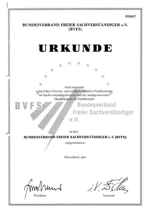 BVFS Urkunde Aufnahme