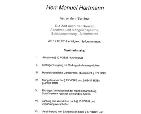 BVM Bauvertragsmanagement GmbH Hartmann Manuel Zertifikat