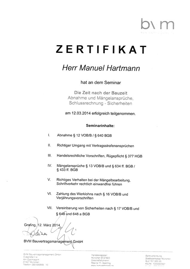 BVM Bauvertragsmanagement GmbH Hartmann Manuel Zertifikat