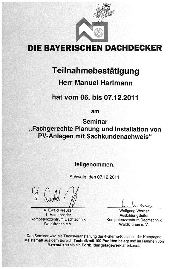 Die Bayerischen Dachdecker Manuel Hartmann Fachgerechte Planung PV-Anlage