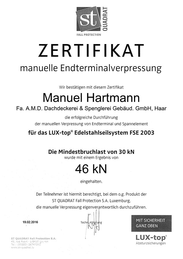 ST QUADRA Hartmann Manuel Zertifikat manuelle Endterminalverpressiung