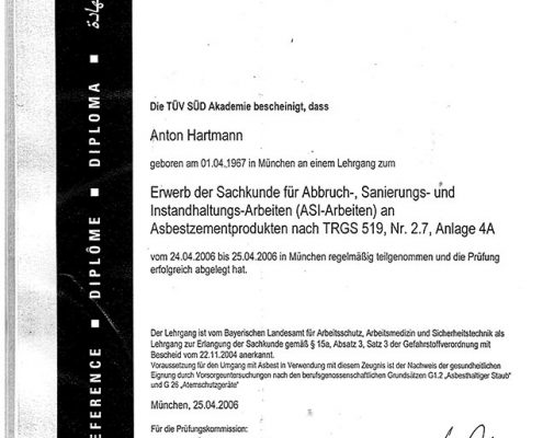 TÜV SÜD Akademie Anton Hartmann Abbrucharbeiten Asbest