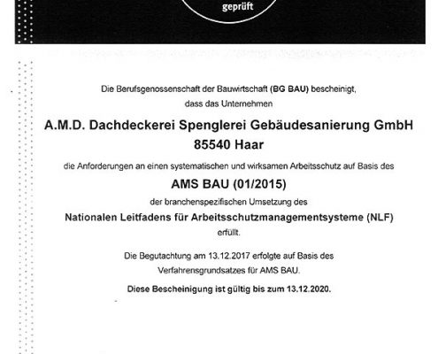 Arbeitsschutz BG Bau AMS Bau Bescheinigung für die A.M.D. Dachdeckerei & Spenglerei Geb. GmbH
