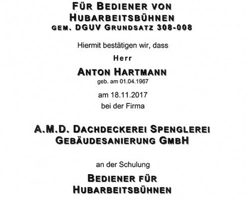DEKRA Zertifikat Anton Hartmann Hubarbeitsbühne