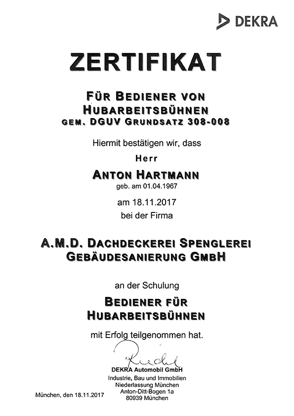 DEKRA Zertifikat Anton Hartmann Hubarbeitsbühne