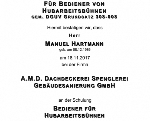 DEKRA Zertifikat Manuel Hartmann Hubarbeitsbühne