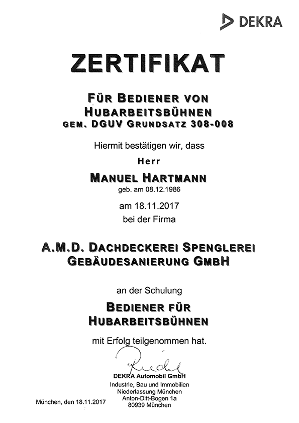 DEKRA Zertifikat Manuel Hartmann Hubarbeitsbühne