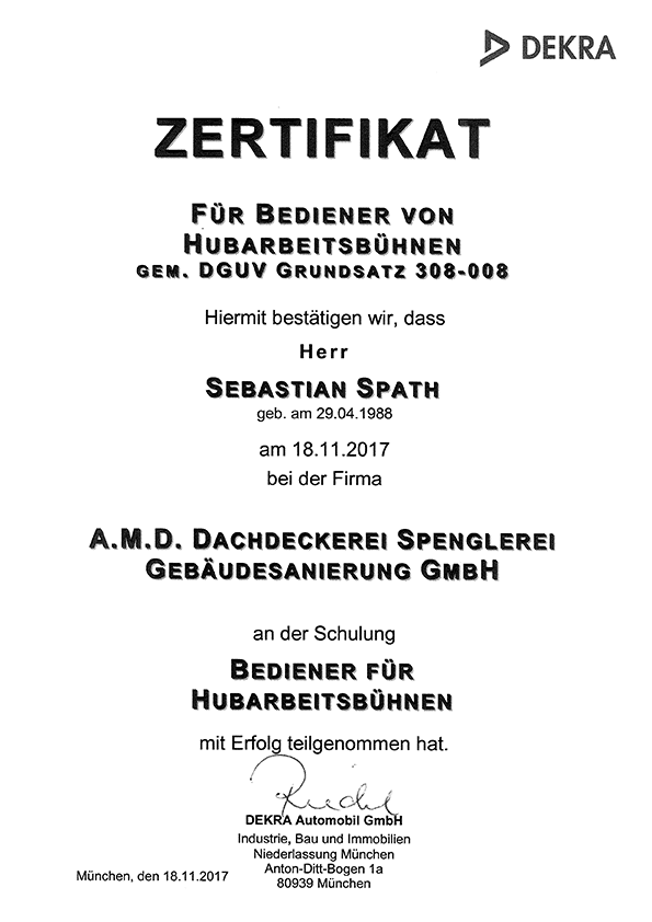 DEKRA Zertifikat Sebastian Spath Hubarbeitsbühne