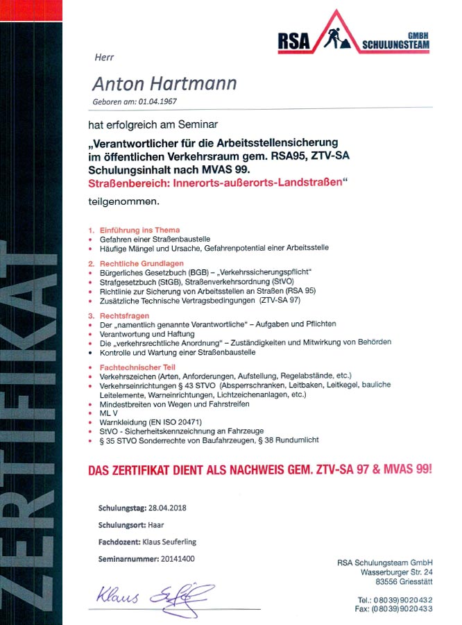 Zertifikat RSA Anton Hartmann