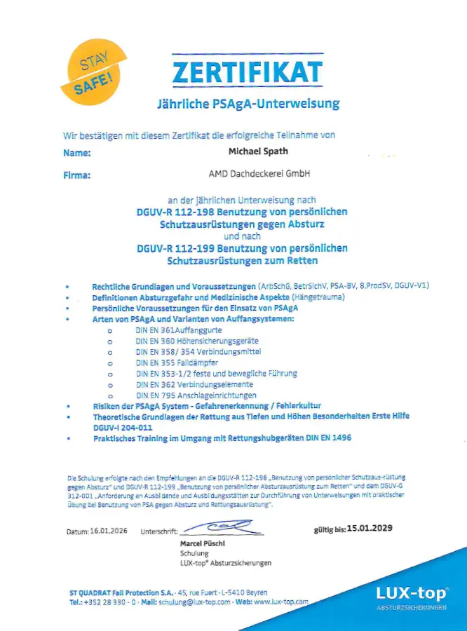 Zertifikat PSAgA Unterweisung Lux-Top Zertifikat PSAgA Unterweisung Lux-Top