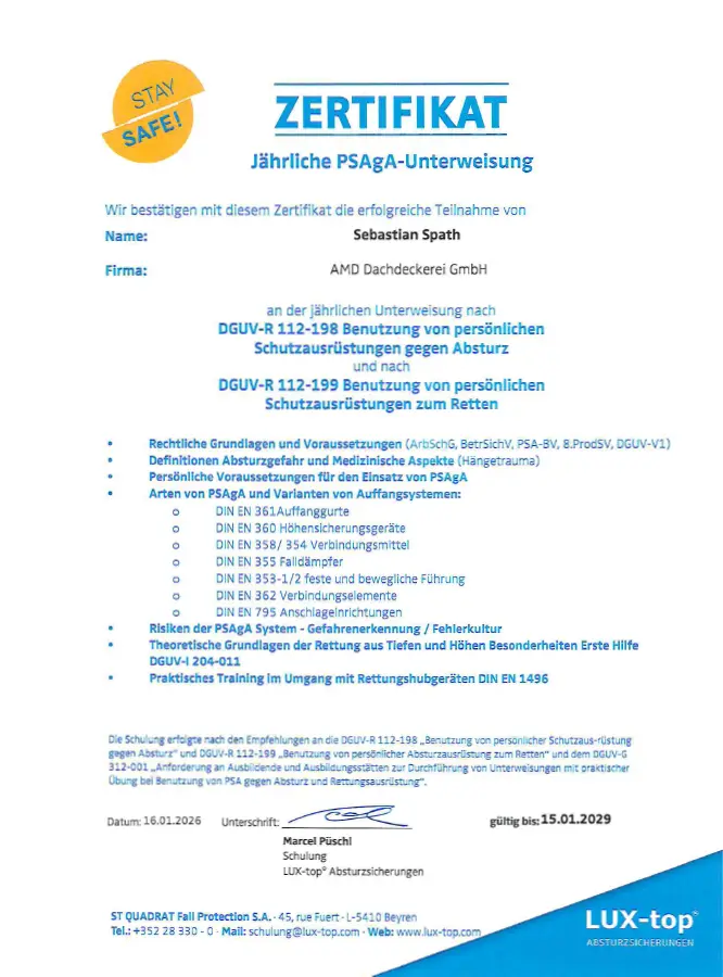 Zertifikat PSAgA Unterweisung Lux-Top Zertifikat PSAgA Unterweisung Lux-Top