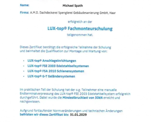 Lux Top Fachmonteurschulung Lux Top Fachmonteurschulung
